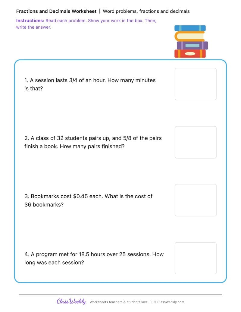Word problems, fractions and decimals - Kindergarten Buddy Day - 5th Grade worksheet preview