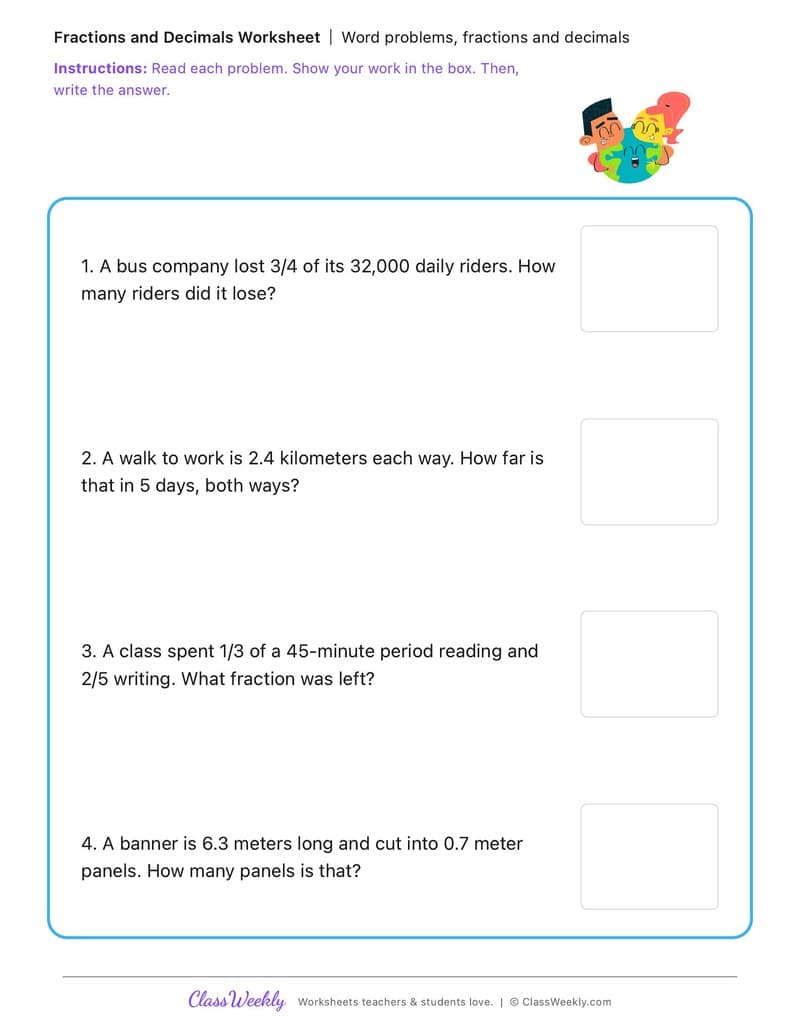 Word problems, fractions and decimals - MLK Day / Black History Month - 5th Grade worksheet preview