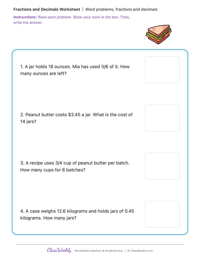 Word problems, fractions and decimals - National Peanut Butter Day - 5th Grade worksheet preview