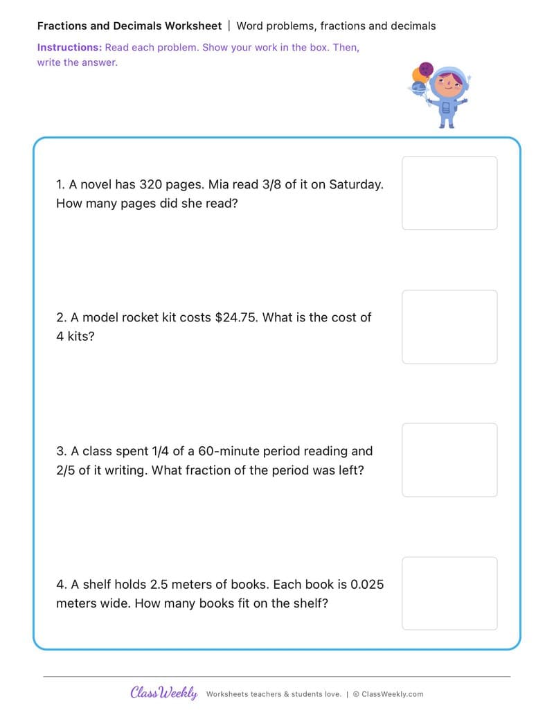 Word problems, fractions and decimals - National Science Fiction Day - 5th Grade worksheet preview