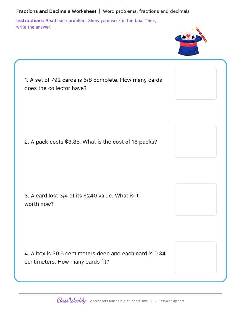 Word problems, fractions and decimals - National Trading Card Day - 5th Grade worksheet preview