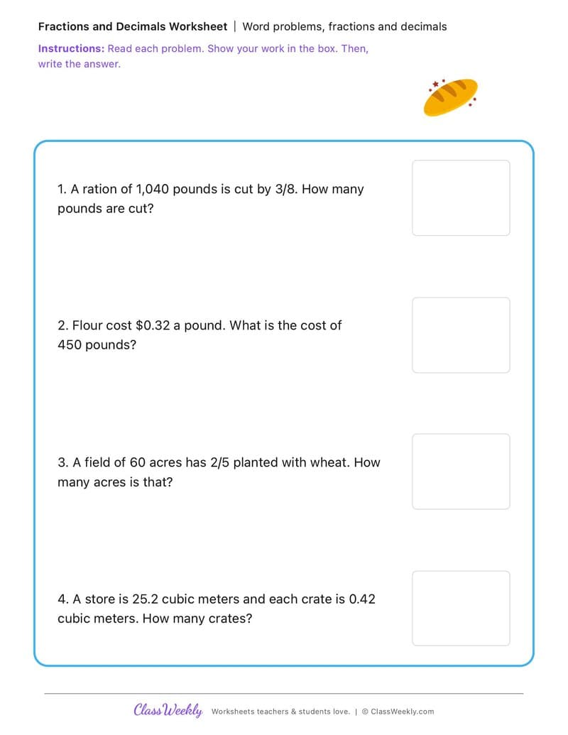 Word problems, fractions and decimals - The First British Colony in Australia - 5th Grade worksheet preview