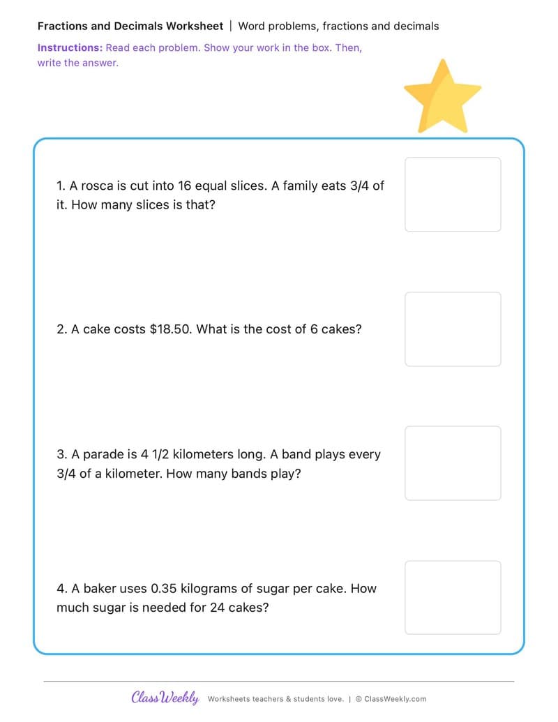Word problems, fractions and decimals - Three Kings Day (Epiphany) - 5th Grade worksheet preview