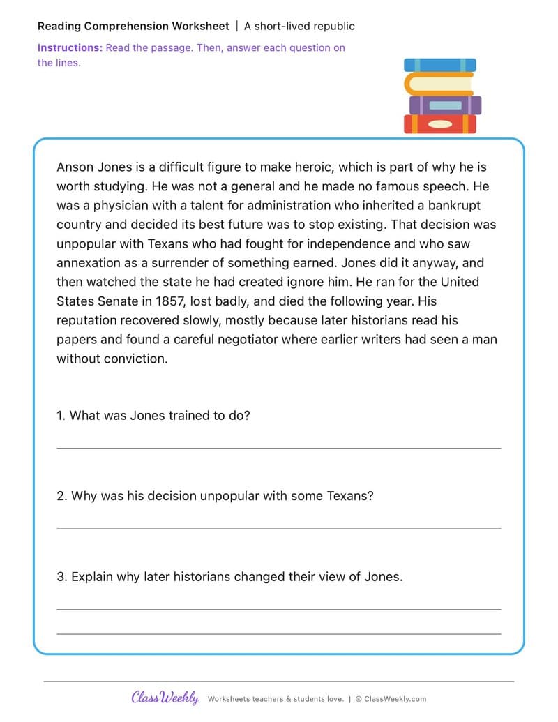 A short-lived republic - Anson Jones - 5th Grade worksheet preview