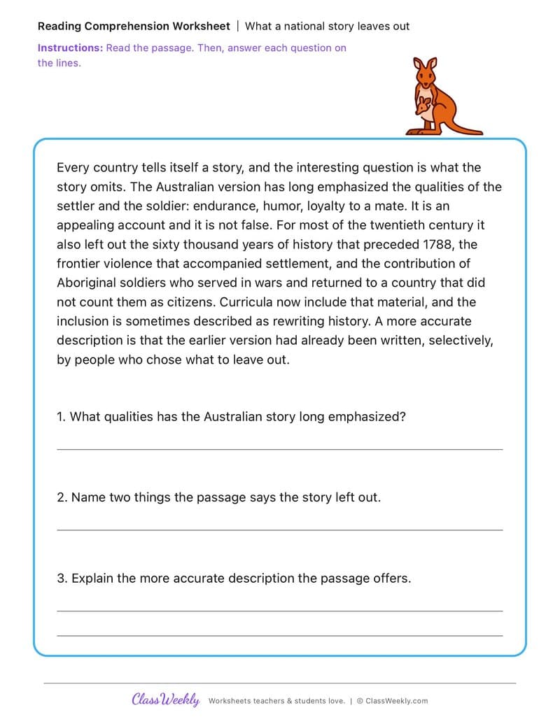 What a national story leaves out - Australia's Identity, Celebrations and Commemorations - 5th Grade worksheet preview