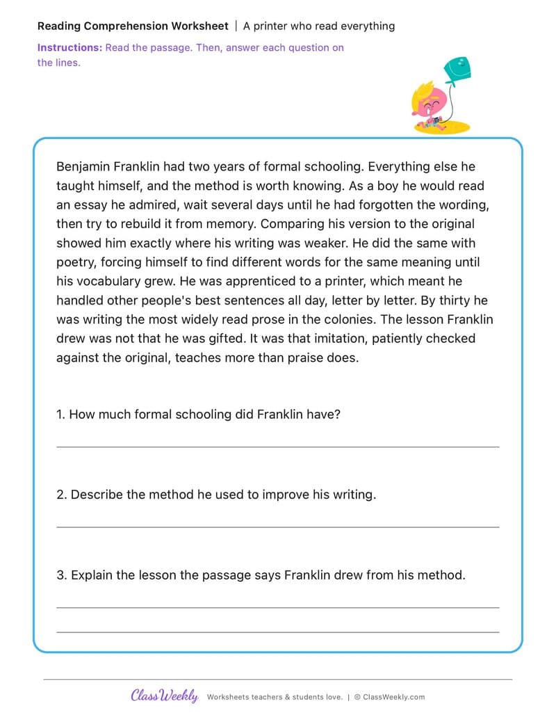A printer who read everything - Benjamin Franklin - 5th Grade worksheet preview