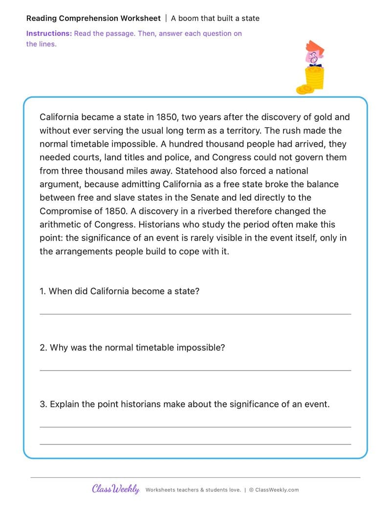 A boom that built a state - California Gold Rush - 5th Grade worksheet preview