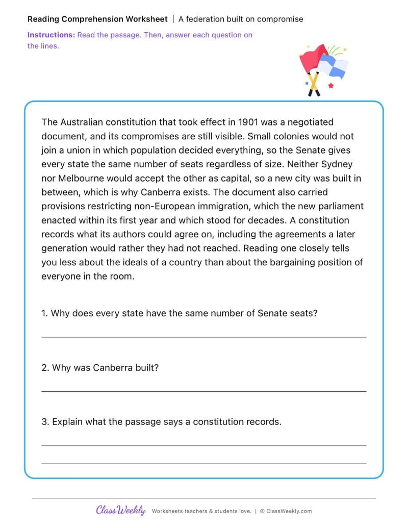 A federation built on compromise - Colonial Australia (British Colonisation) - 5th Grade worksheet preview
