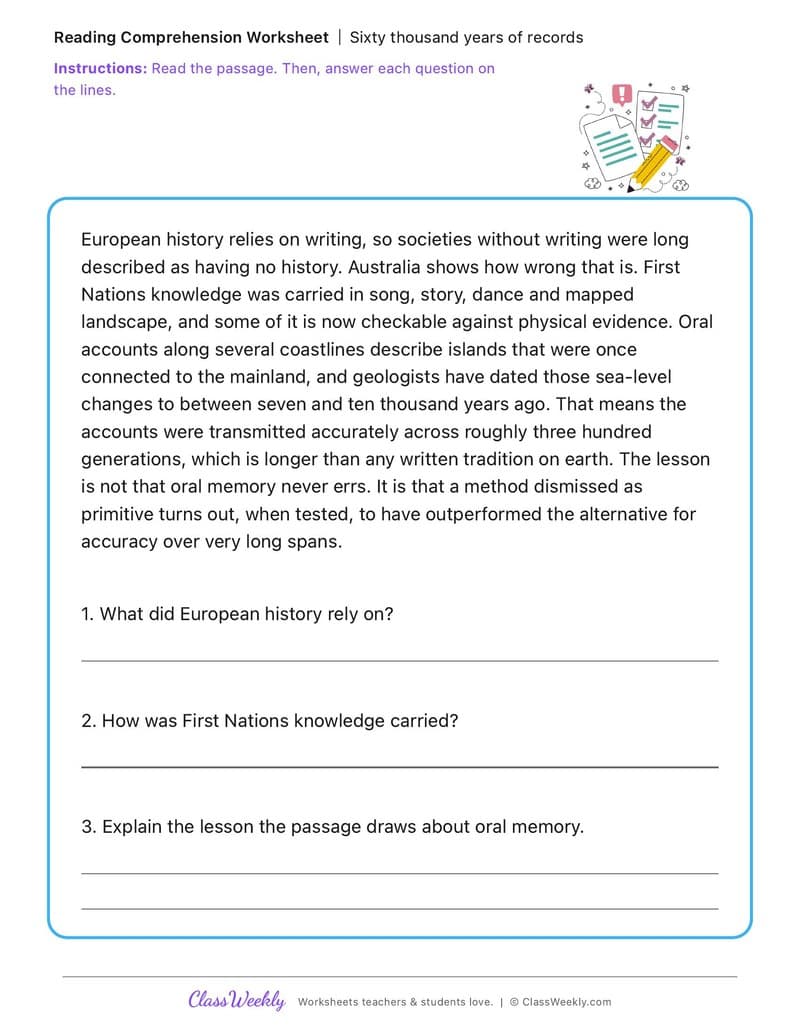 Sixty thousand years of records - Effects of First Fleet Contact on First Nations Australians - 5th Grade worksheet preview