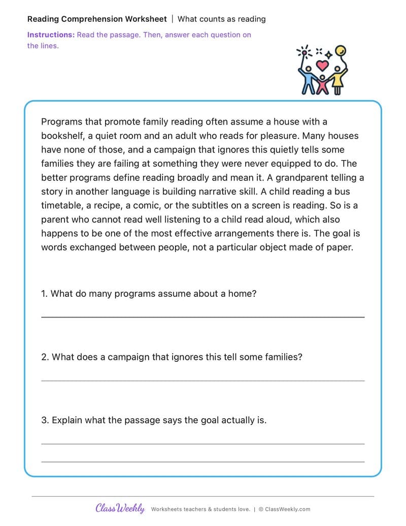 What counts as reading - Family Literacy Day - 5th Grade worksheet preview