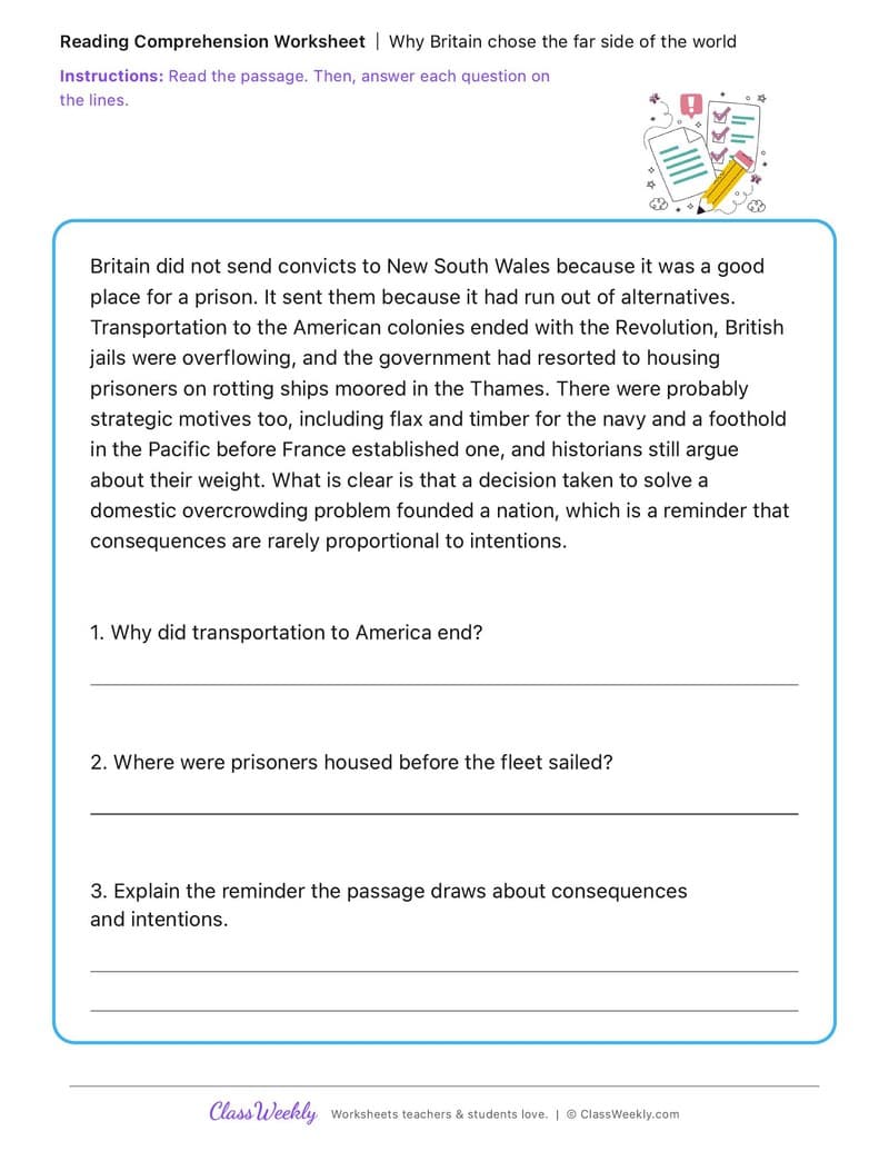 Why Britain chose the far side of the world - First Fleet - 5th Grade worksheet preview