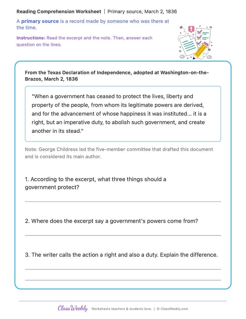 Primary source, March 2, 1836 - George Childress - 5th Grade worksheet preview