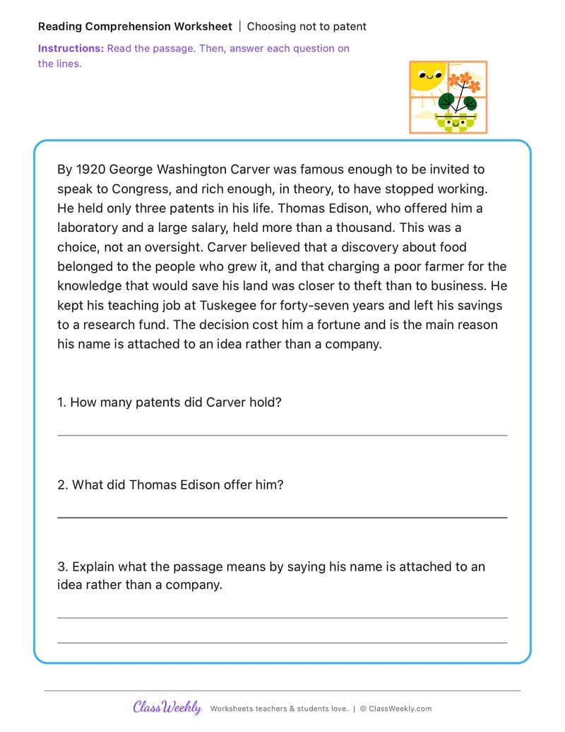 Choosing not to patent - George Washington Carver - 5th Grade worksheet preview