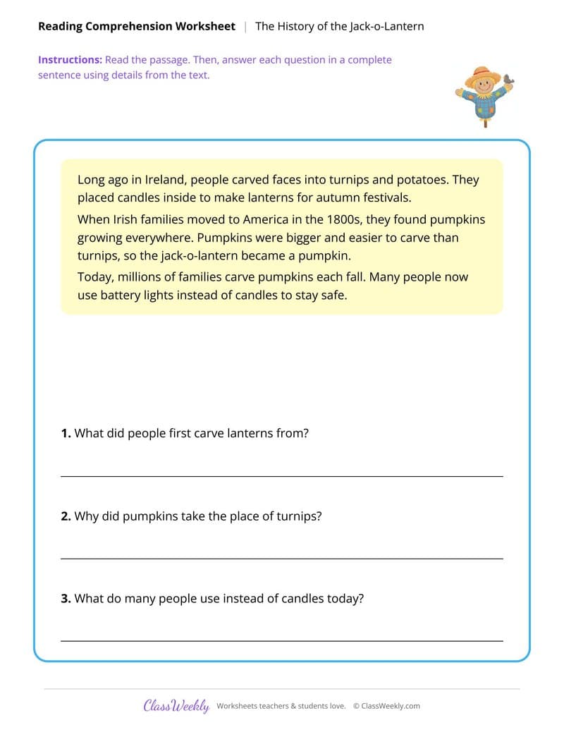 The History of the Jack-o-Lantern - Halloween - 5th Grade worksheet preview