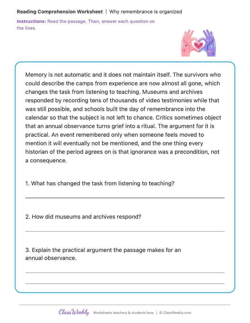 Why remembrance is organized - International Holocaust Remembrance Day - 5th Grade worksheet preview