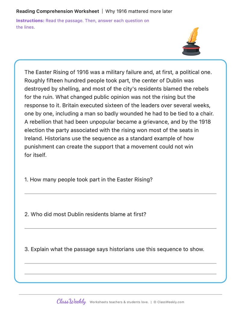 Why 1916 mattered more later - Irish Revolution and War of Independence - 5th Grade worksheet preview