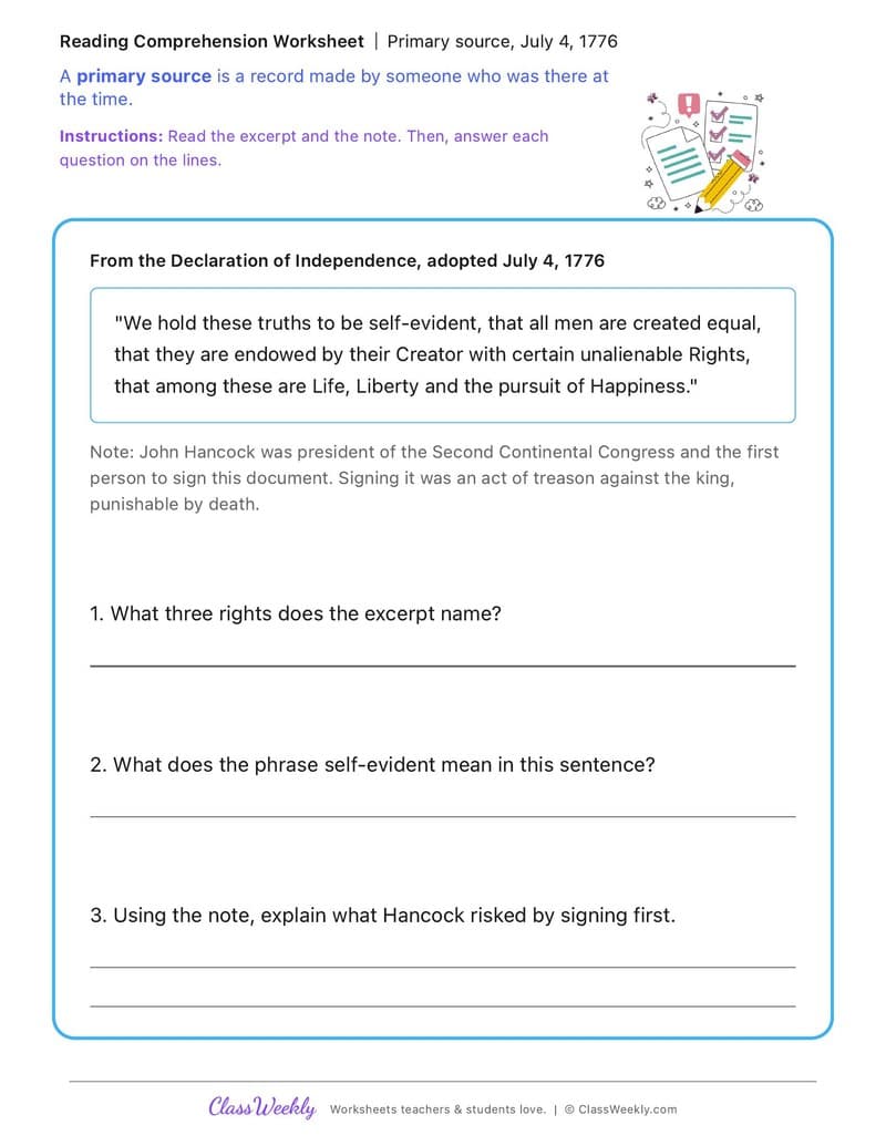 Primary source, July 4, 1776 - John Hancock - 5th Grade worksheet preview