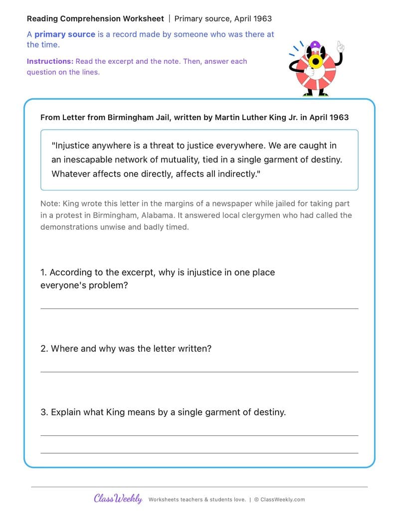 Primary source, April 1963 - MLK Day / Black History Month - 5th Grade worksheet preview