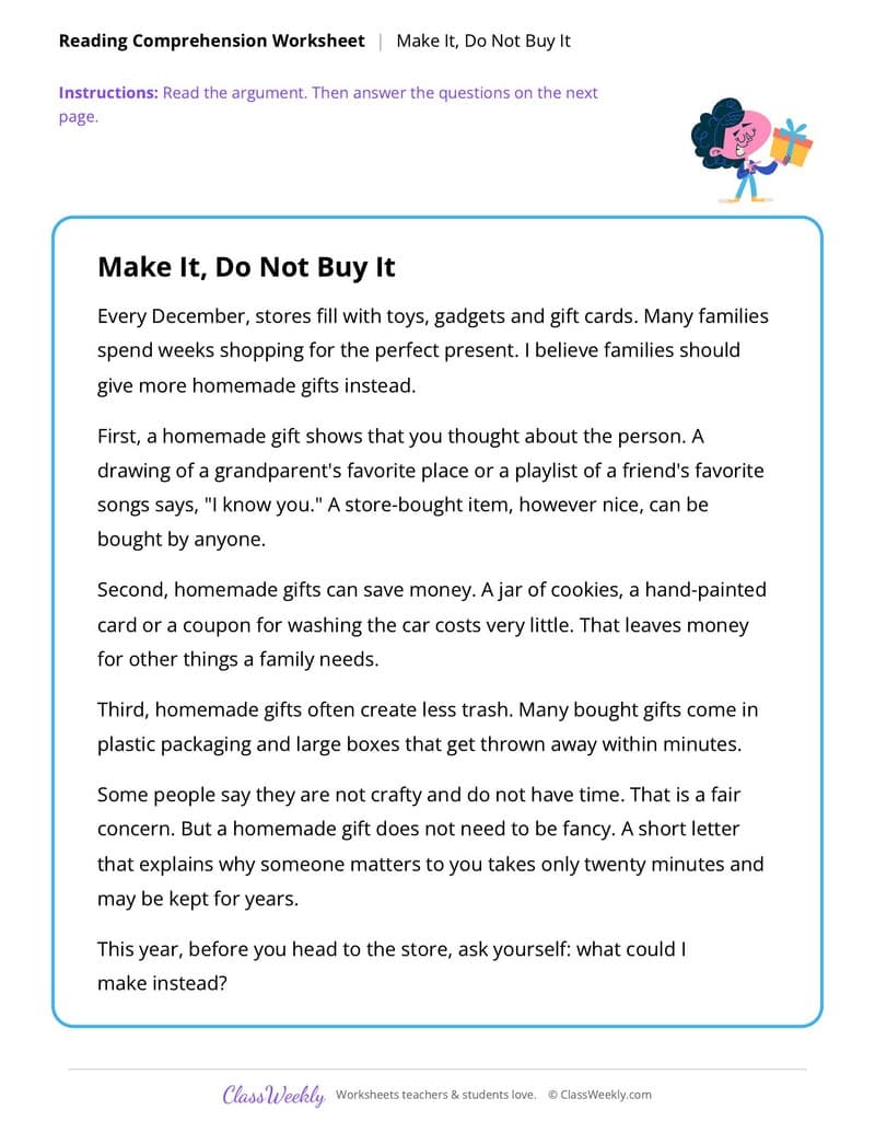 Christmas Reading Comprehension: Homemade Gifts - 5th Grade worksheet preview