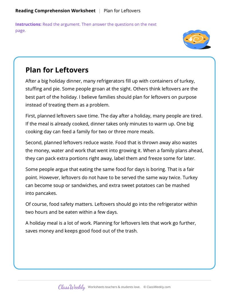 Thanksgiving Reading Comprehension: Leftovers - 5th Grade worksheet preview