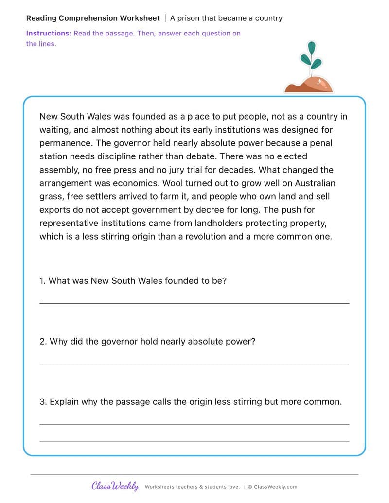 A prison that became a country - The First British Colony in Australia - 5th Grade worksheet preview