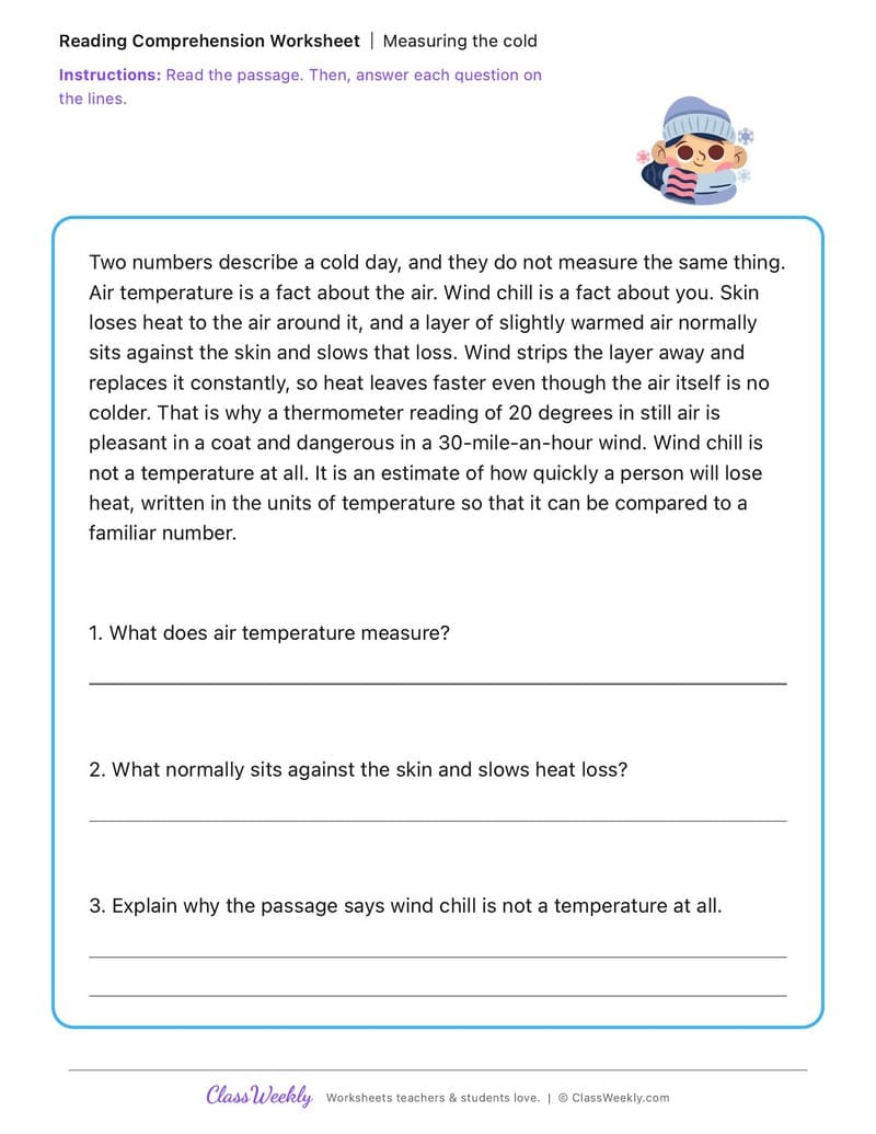 Measuring the cold - Winter Science & Weather - 5th Grade worksheet preview