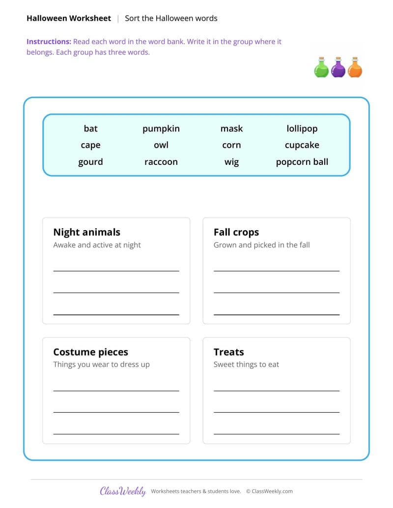 Sort the Halloween Words - Halloween - 5th Grade worksheet preview