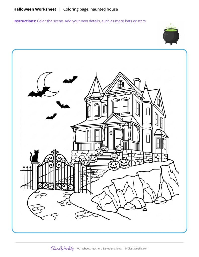 Haunted House Coloring Page - Halloween - 4th Grade Coloring Pages worksheet preview