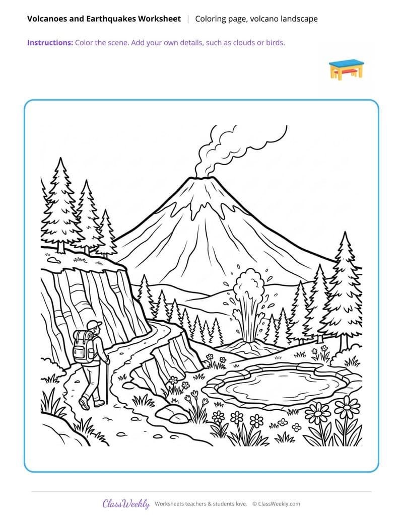 Volcano Landscape Coloring Page - Volcanoes & Earthquakes - 4th Grade Coloring Pages worksheet preview