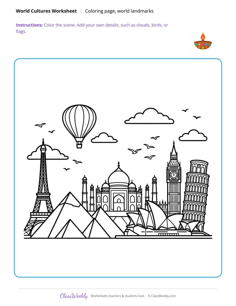 World Landmarks Coloring Page - Diversity & World Cultures - 5th Grade Coloring Pages worksheet preview