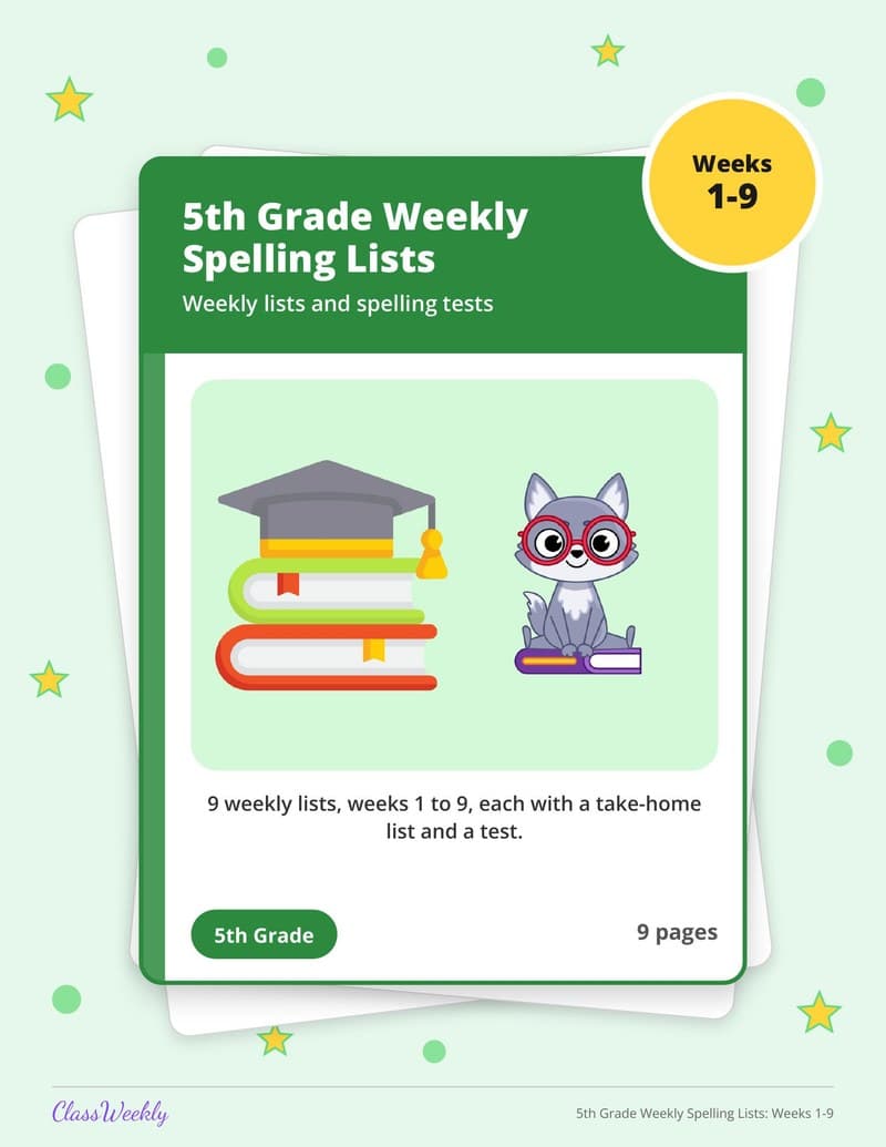 5th Grade Weekly Spelling Lists: Weeks 1-9 - 4th Grade Spelling Lists printable preview