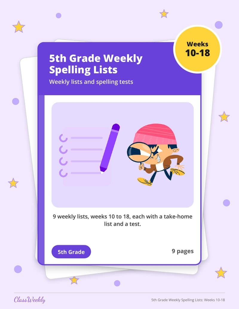 5th Grade Weekly Spelling Lists: Weeks 10-18 - 5th Grade Spelling Lists printable preview