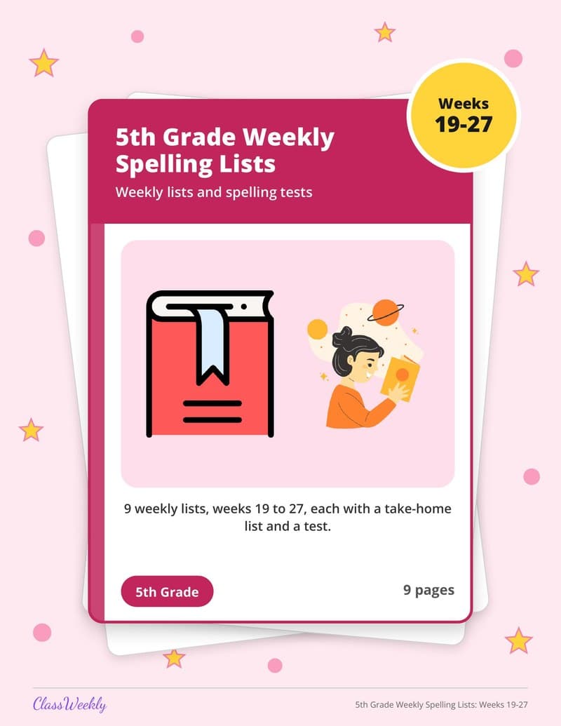 5th Grade Weekly Spelling Lists: Weeks 19-27 - 5th Grade Spelling Lists printable preview