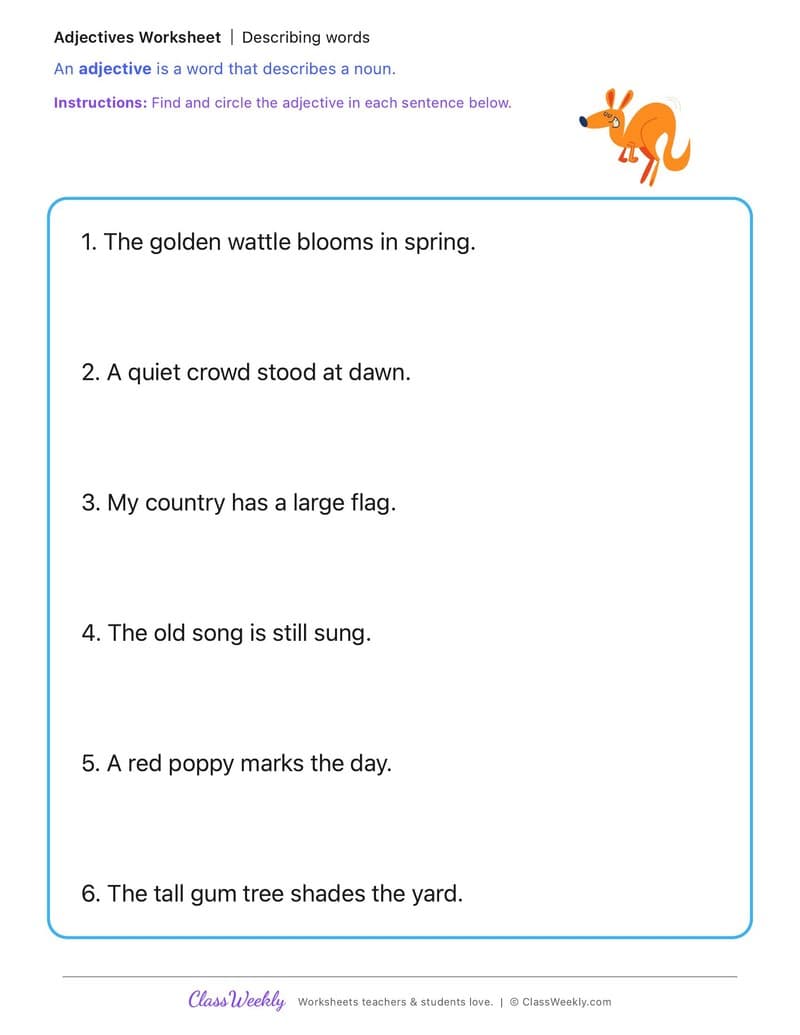 Describing words - Australia's Identity, Celebrations and Commemorations - 1st Grade worksheet preview
