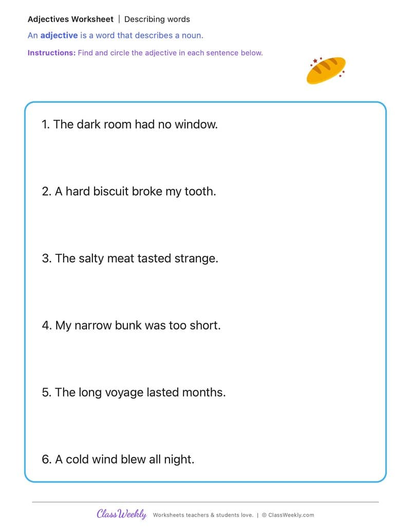 Describing words - First Fleet Experiences - 1st Grade worksheet preview