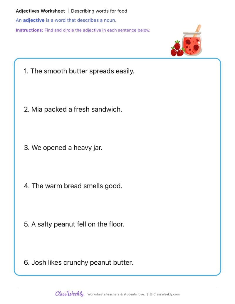 Describing words for food - National Peanut Butter Day - 1st Grade worksheet preview