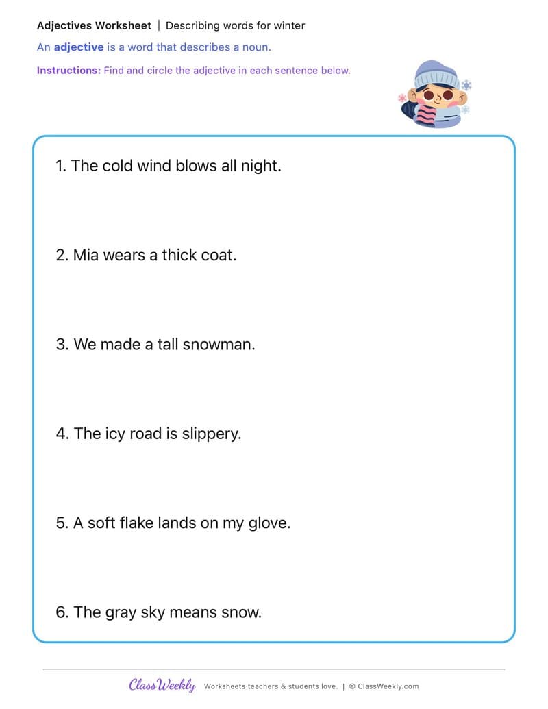 Describing words for winter - Winter Science & Weather - 1st Grade worksheet preview