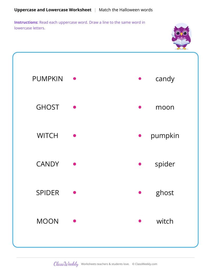 Match Uppercase and Lowercase Words - Halloween - 1st Grade worksheet preview