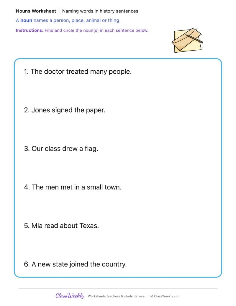 Naming words in history sentences - Anson Jones - 1st Grade worksheet preview