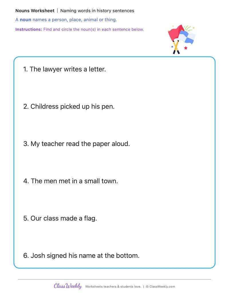 Naming words in history sentences - George Childress - 1st Grade worksheet preview