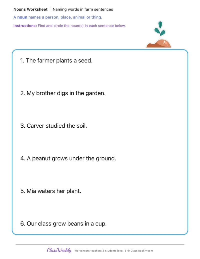 Naming words in farm sentences - George Washington Carver - 1st Grade worksheet preview