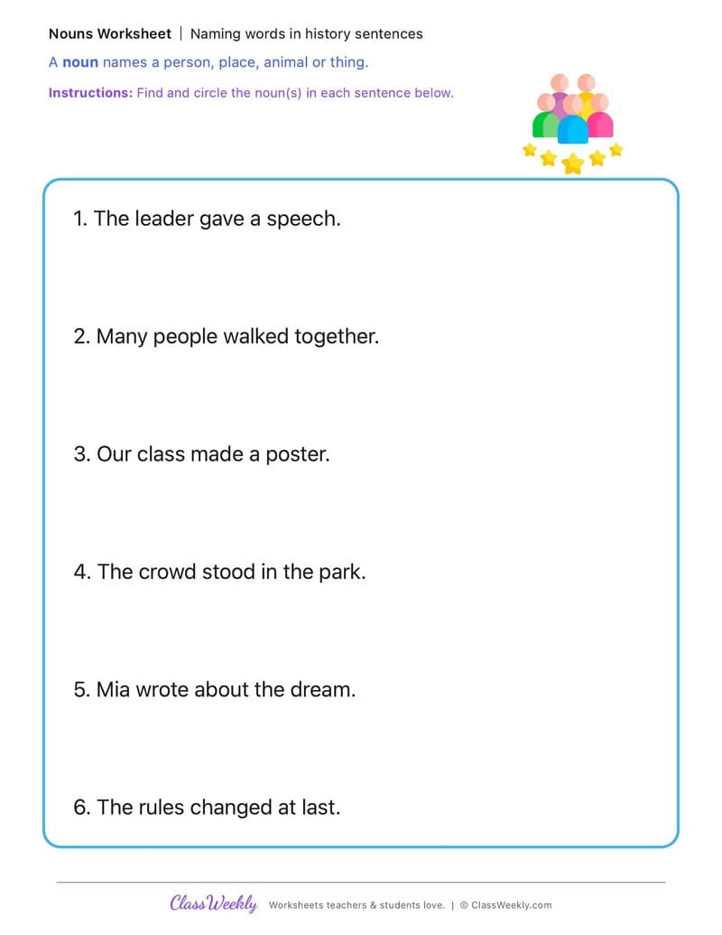Naming words in history sentences - MLK Day / Black History Month - 1st Grade worksheet preview
