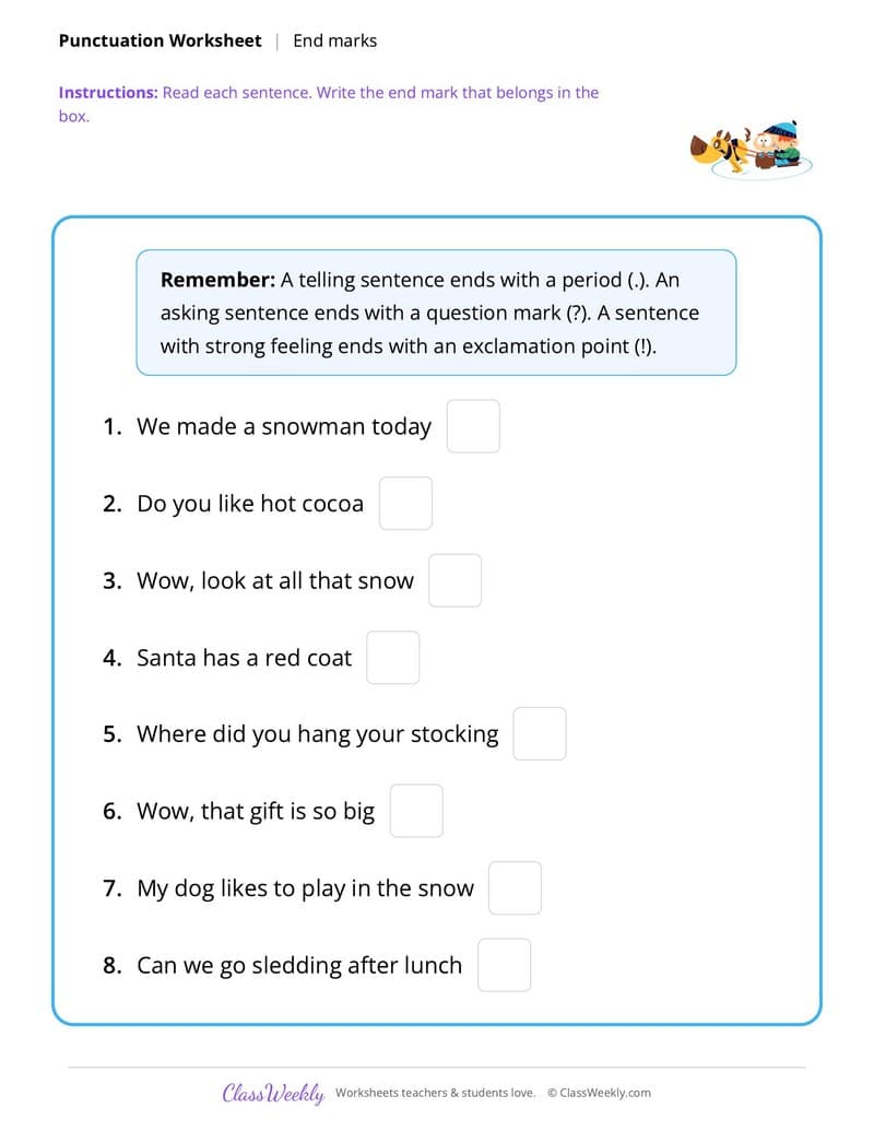 Christmas End Marks Punctuation - 1st Grade worksheet preview