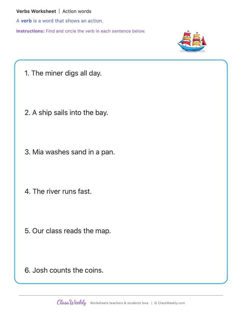 Action words - California Gold Rush - 1st Grade worksheet preview