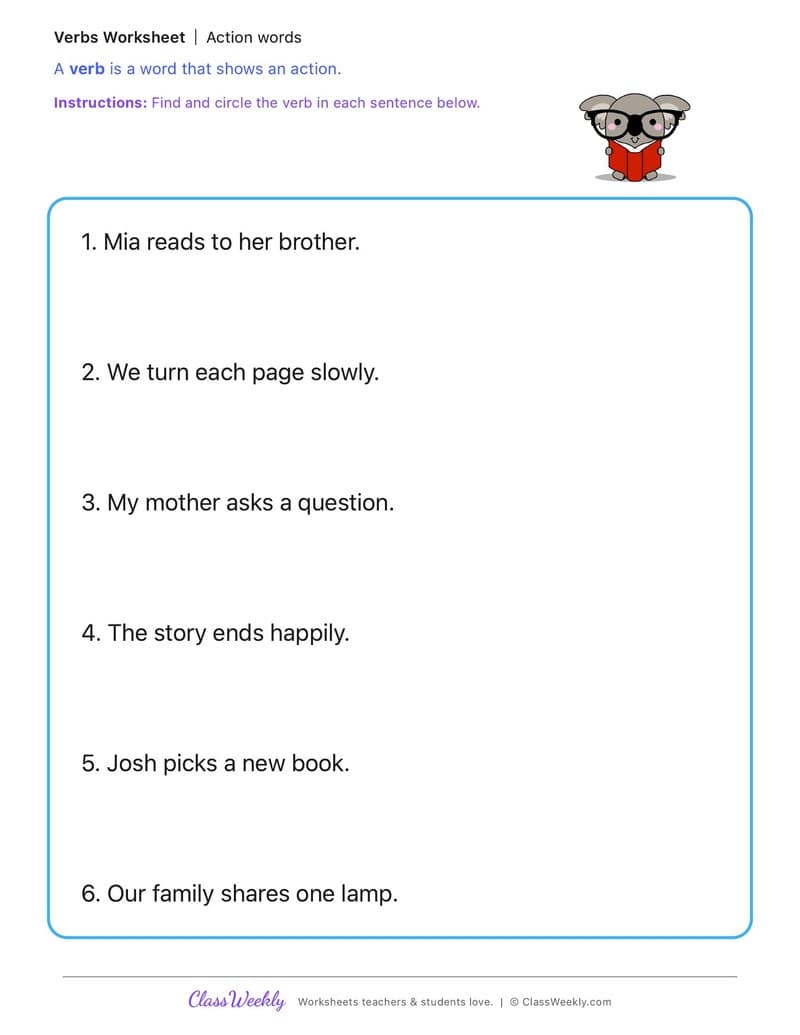 Action words - Family Literacy Day - 1st Grade worksheet preview