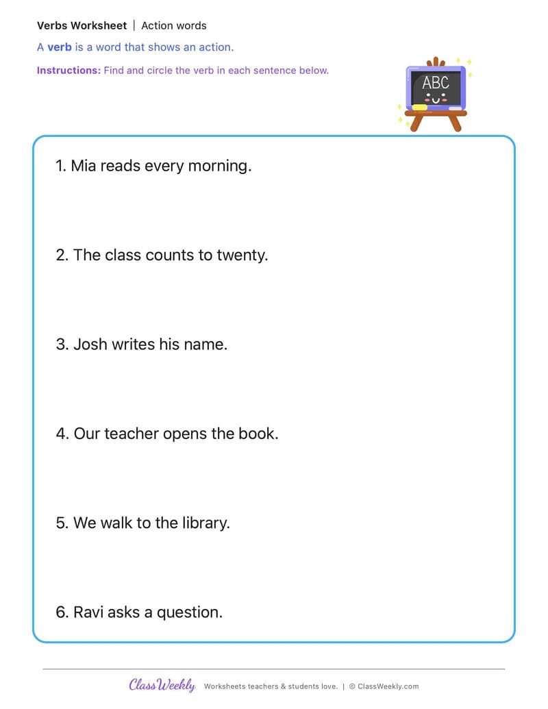 Action words - International Day of Education - 1st Grade worksheet preview