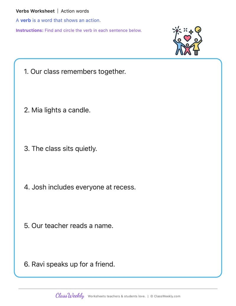 Action words - International Holocaust Remembrance Day - 1st Grade worksheet preview