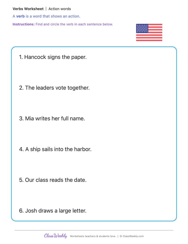Action words - John Hancock - 1st Grade worksheet preview