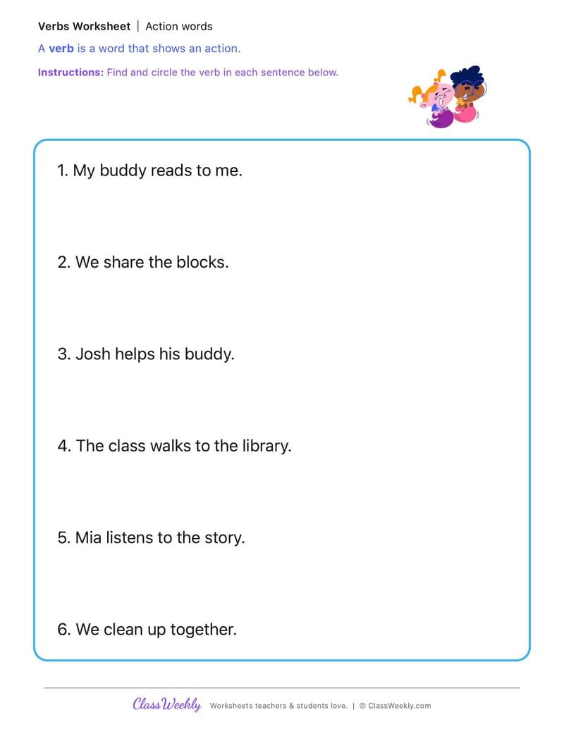 Action words - Kindergarten Buddy Day - 1st Grade worksheet preview