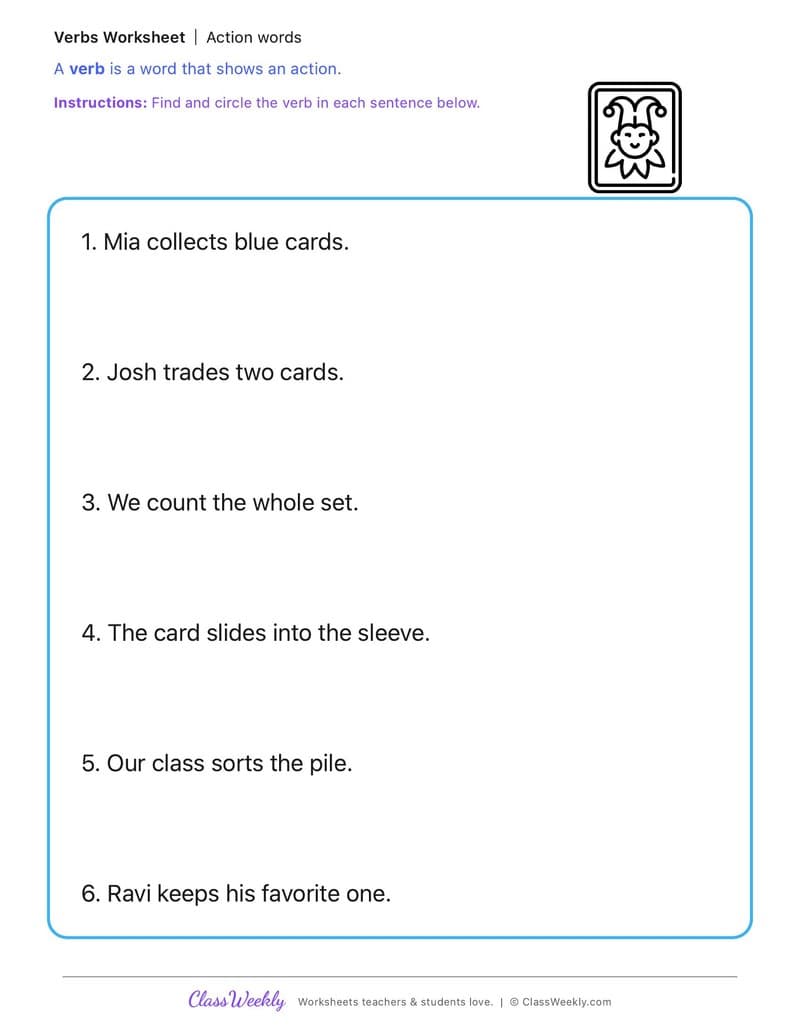 Action words - National Trading Card Day - 1st Grade worksheet preview